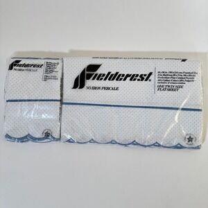 Fieldcrest Twin Flat Sheet 2 Pillowcases Percale Blue Dot NO IRON PERCALE NEW